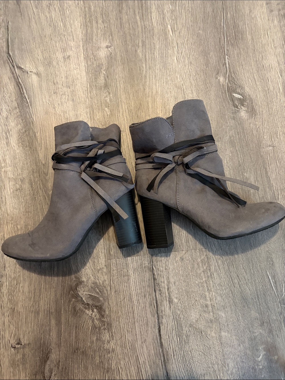 Christian Siriano Gray Suede Ankle Boots with Wrap Tie